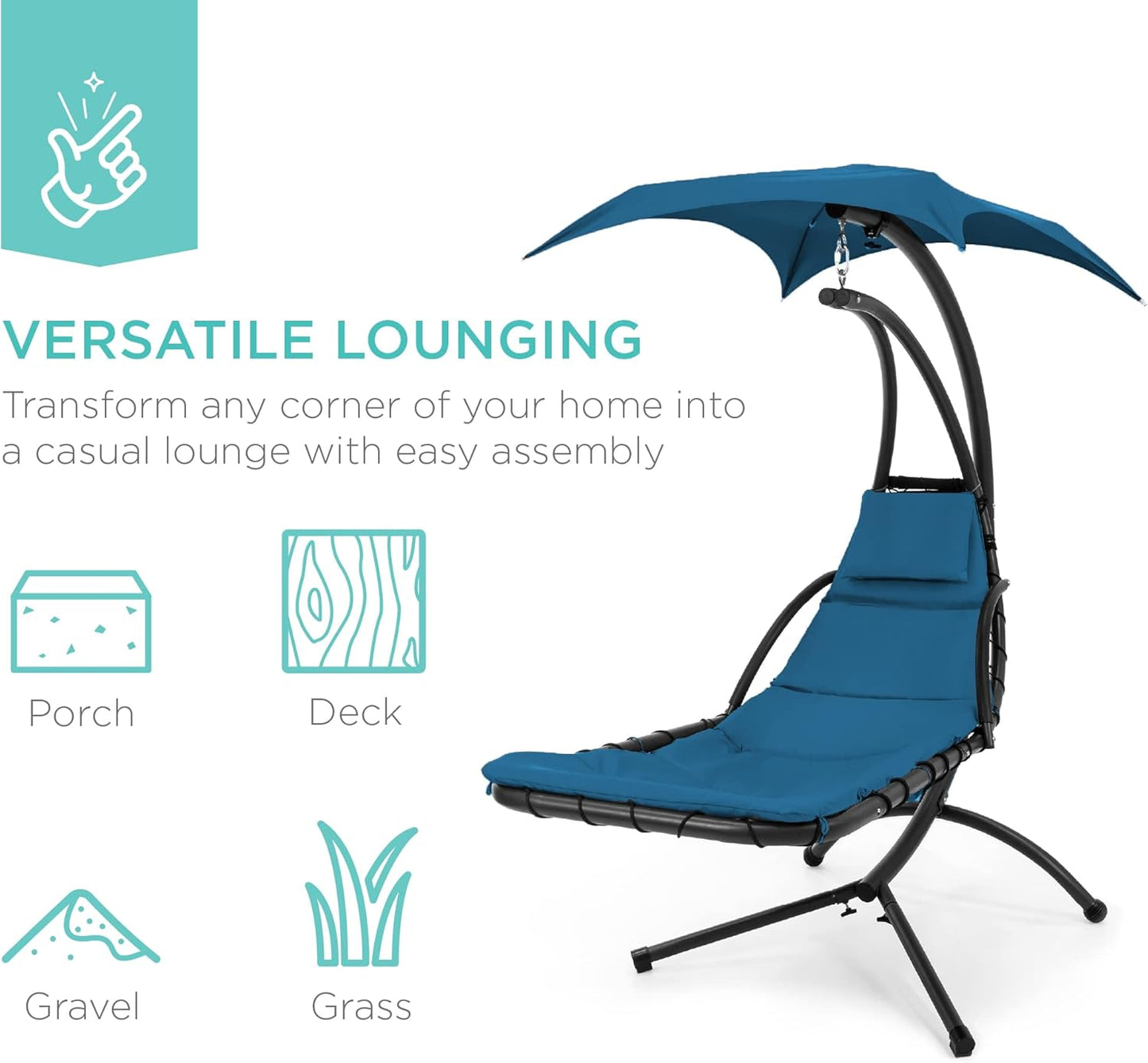 🔥Summer Hot Sale Outdoor Hanging Curved Steel Chaise Lounge Chair Swing w/Built-in Pillow and Removable Canopy