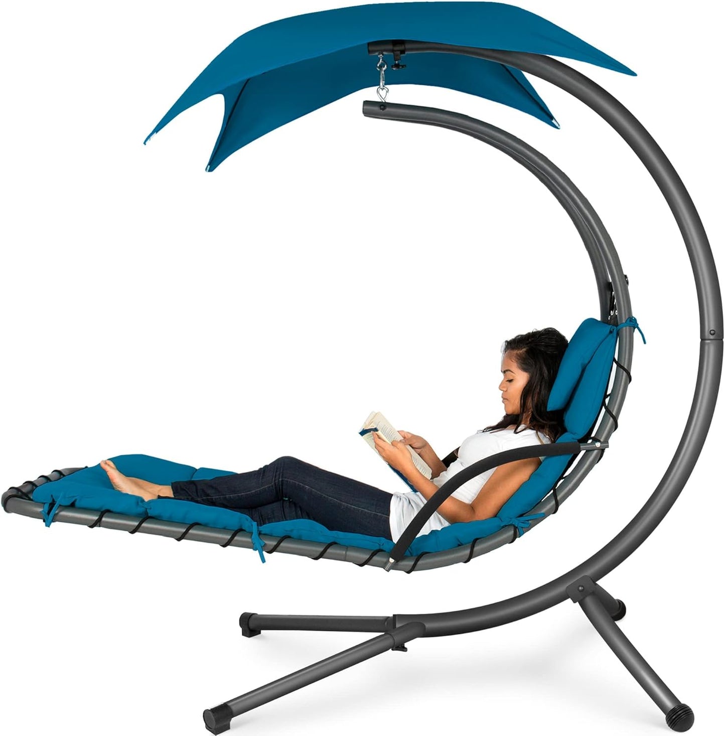 🔥Summer Hot Sale Outdoor Hanging Curved Steel Chaise Lounge Chair Swing w/Built-in Pillow and Removable Canopy