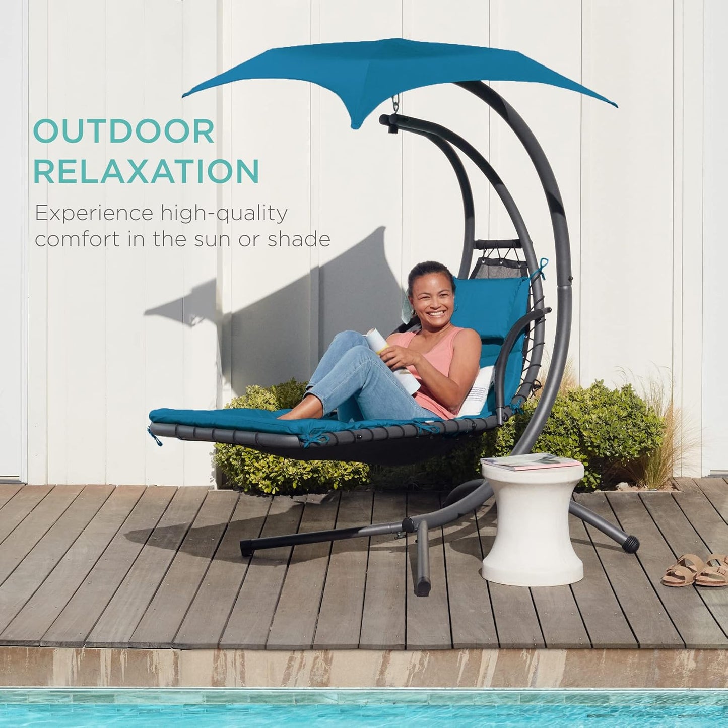 🔥Summer Hot Sale Outdoor Hanging Curved Steel Chaise Lounge Chair Swing w/Built-in Pillow and Removable Canopy
