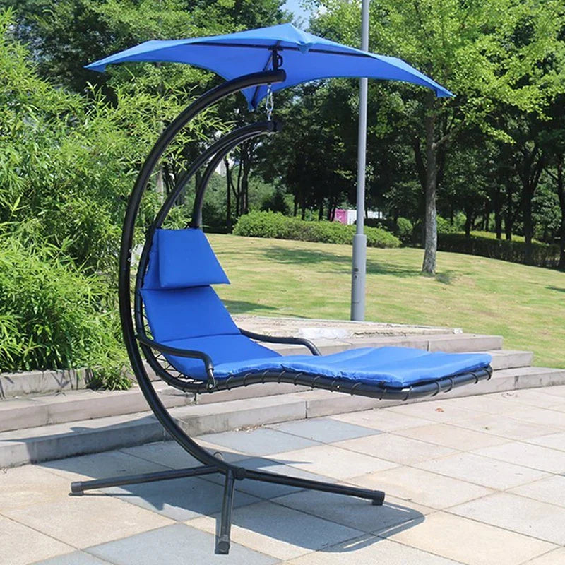 🔥Summer Hot Sale Outdoor Hanging Curved Steel Chaise Lounge Chair Swing w/Built-in Pillow and Removable Canopy