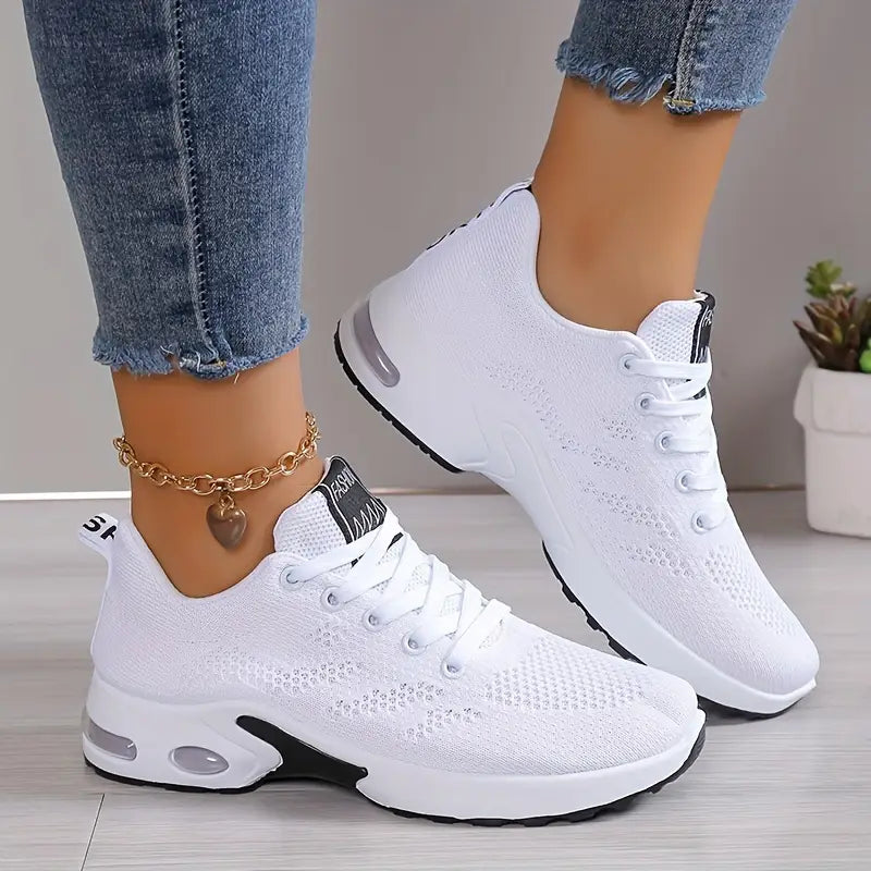 New Women's Black & White Breathable Mesh Low-Top Sneakers with Shock-Absorbing