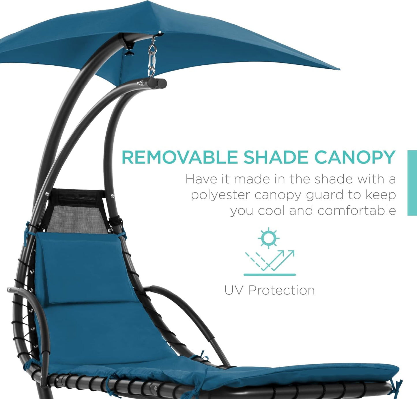 🔥Summer Hot Sale Outdoor Hanging Curved Steel Chaise Lounge Chair Swing w/Built-in Pillow and Removable Canopy