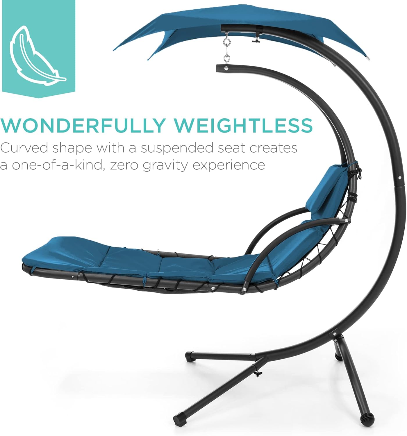🔥Summer Hot Sale Outdoor Hanging Curved Steel Chaise Lounge Chair Swing w/Built-in Pillow and Removable Canopy